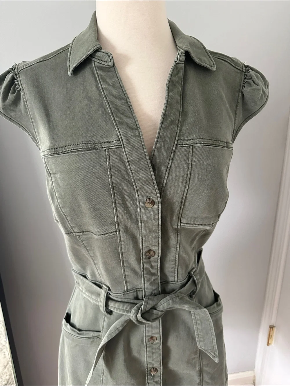 PAIGE Jaxsyn Utility Dress in Olive Green with Tie Waist - Picture 3 of 11